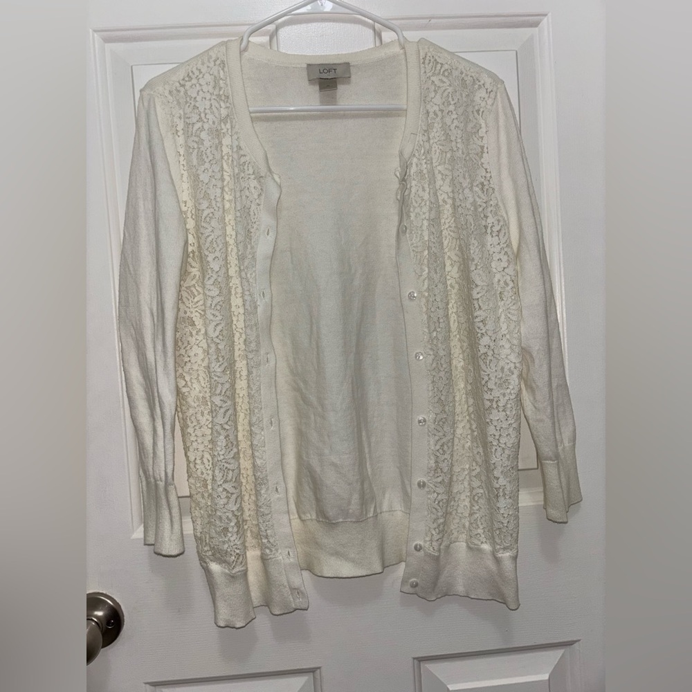 LOFT Women’s Elegant & Cozy White Lace Cardigan Sweater
